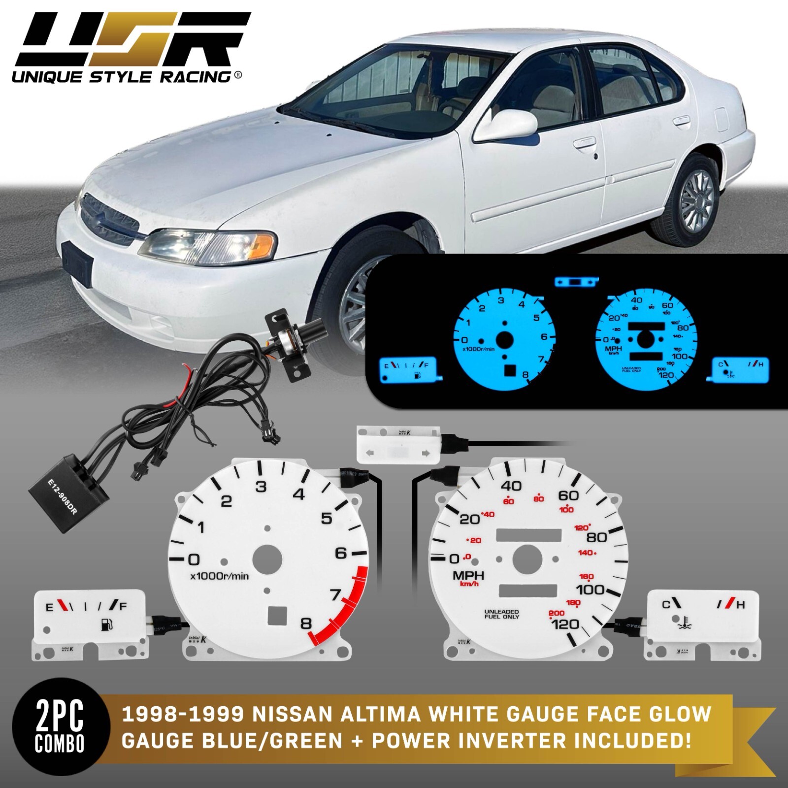 BLUE/GREEN Glow Gauge White Overlay For 98-99 Nissan Altima Instrument Cluster