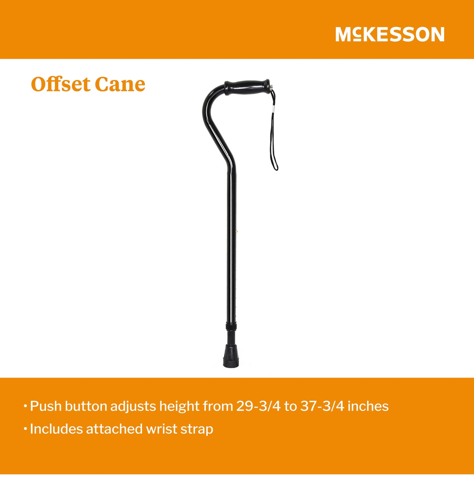 McKesson Black Steel Offset Handle Cane 29.75 to 37.75" Height