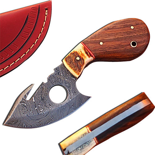 WHITE DEER Exclusive Damascus Steel Guthook Hunting Knife with Stag Antler Ltd.