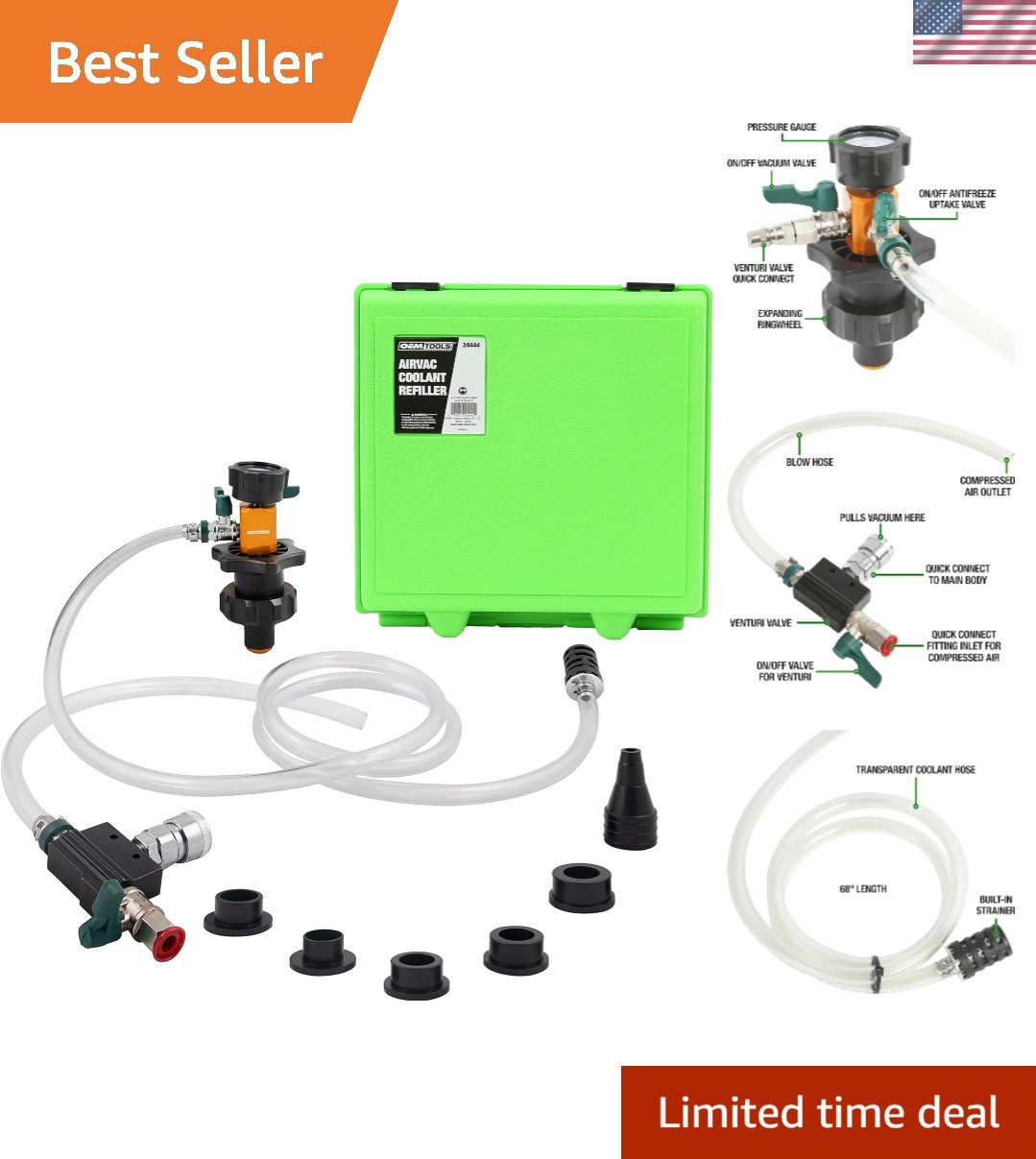 Coolant Vacuum Refill Kit, Coolant Pressure Tester Kit, 5 Adapter | 70-110 ps...