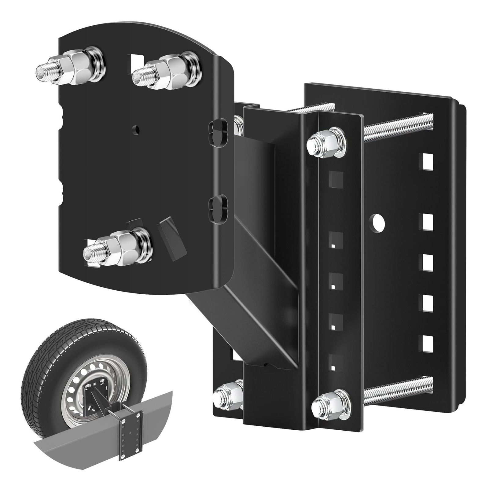 Trailer Spare Tire Mount Bracket, Heavy 3 hub bolts 4"-5.5", Black