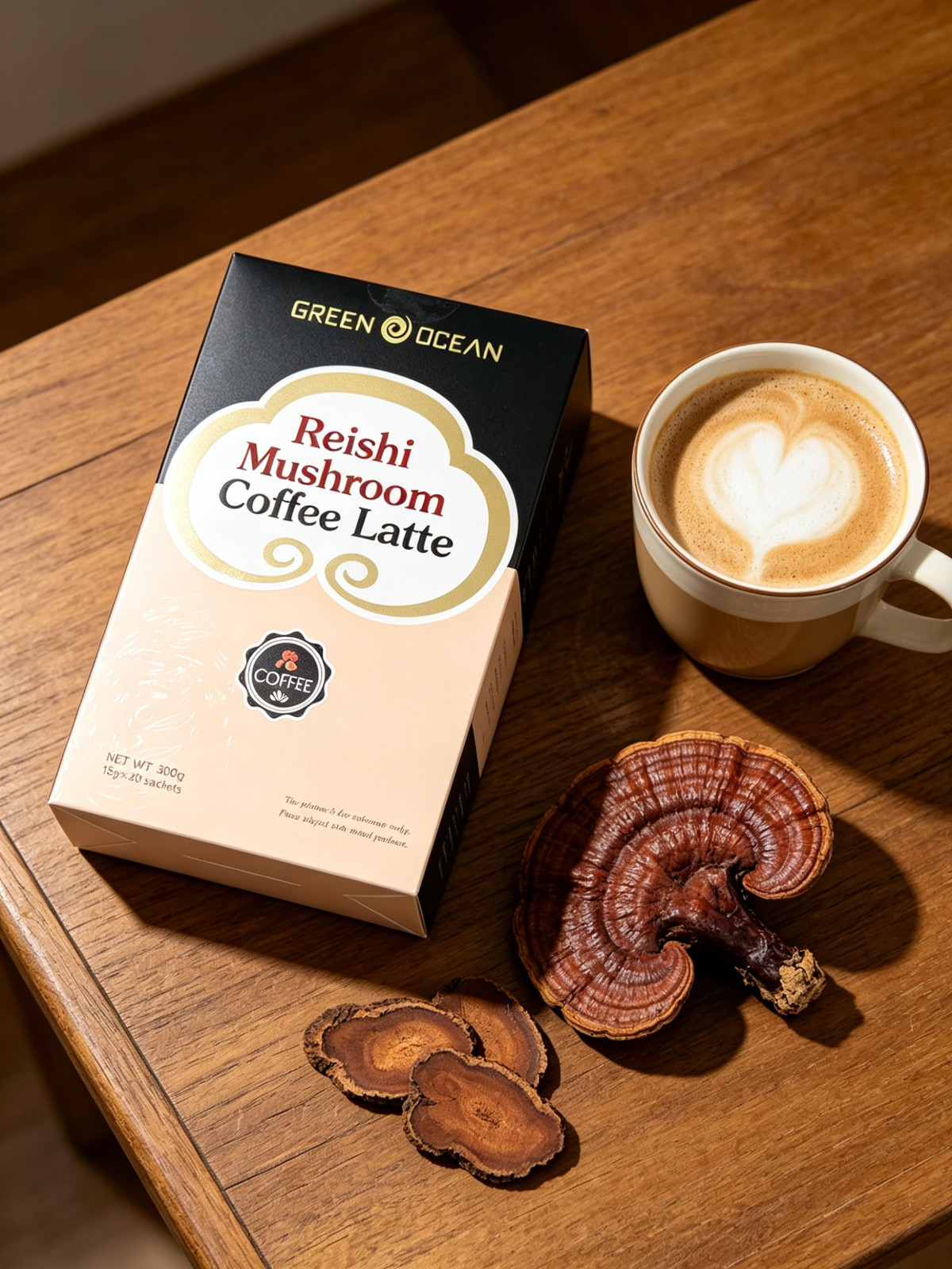 Green Ocean Reishi Mushroom Coffee Latte, 20 Sachets Instant Functional Coffee