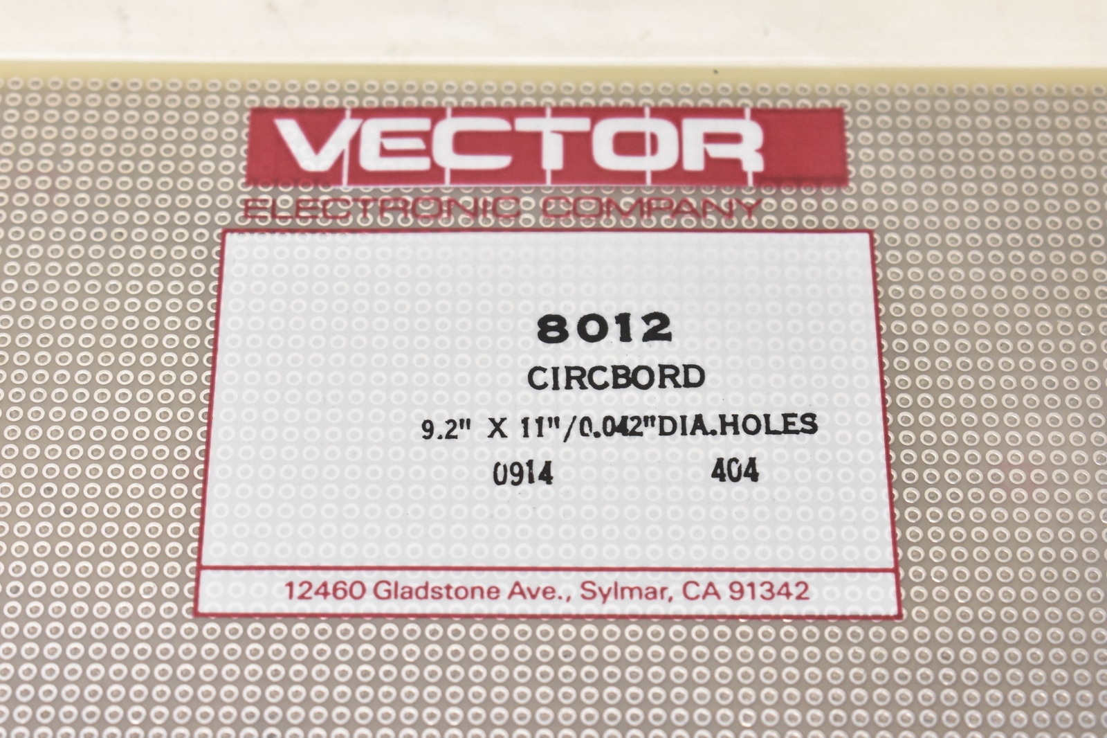 Vector 8012 Circuit Board 9.2" x 11" / 0.042" Diameter Holes, 0914 404