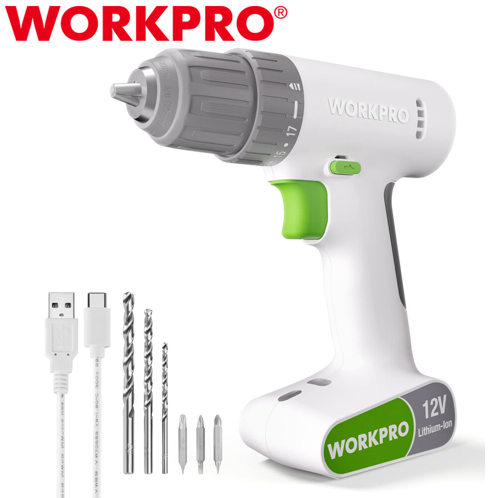 WORKPRO 12V Cordless Drill Driver 6PCS Bits Set 3/8-Inch Keyless Chuck 18 Touque