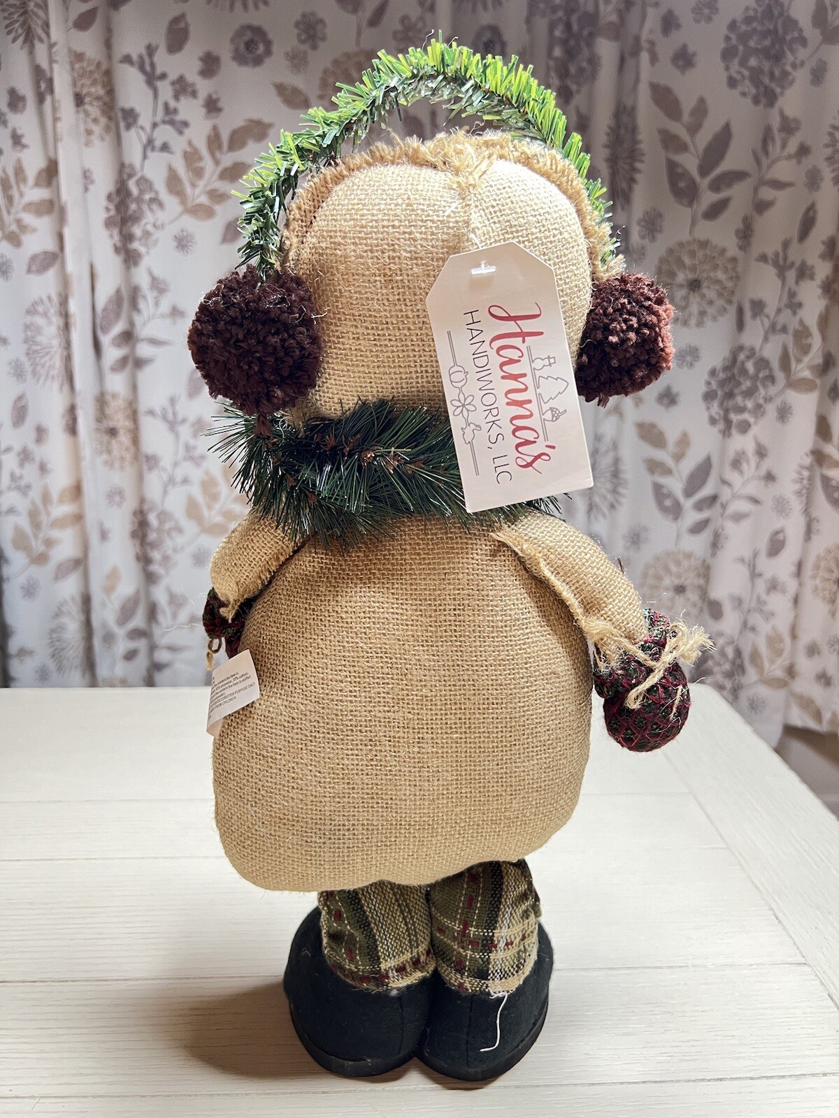 Hannah’s Handwork’s Stuffed Burlap Snowman Button Eyes Ear Muffs 17”