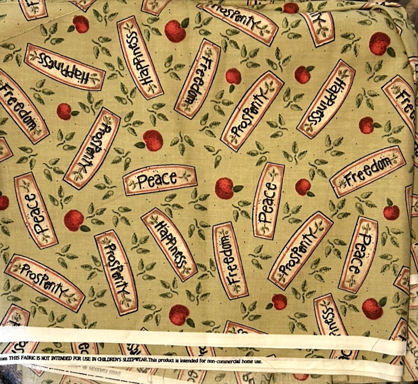 Apple Tree All Over Peace-Happiness Words Fabric By Daisy Kingdom Fabric 2 Yards