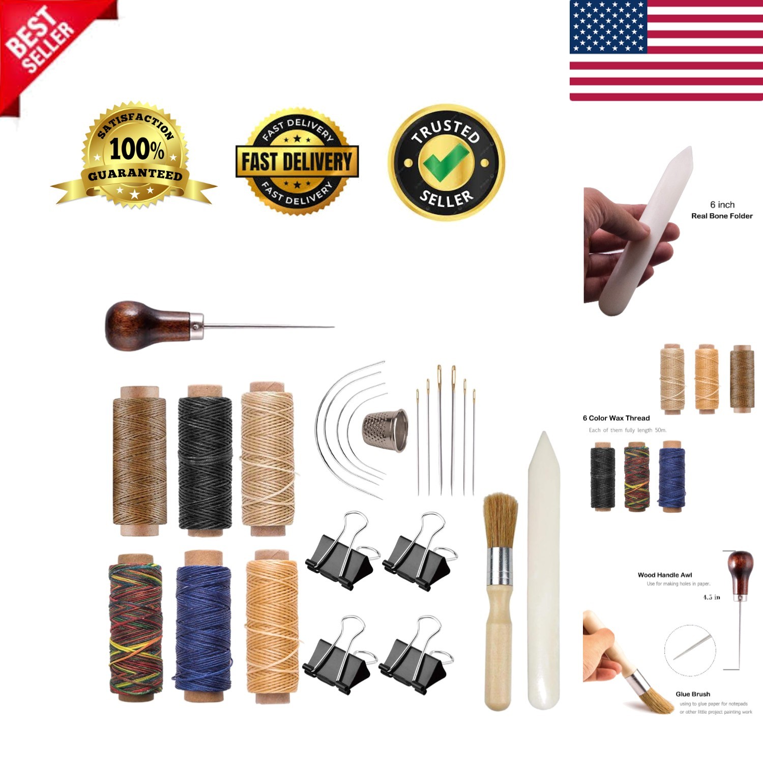 Deluxe Bookbinding Supplies Set - Real Bone Folder & 6 Colored Wax Threads