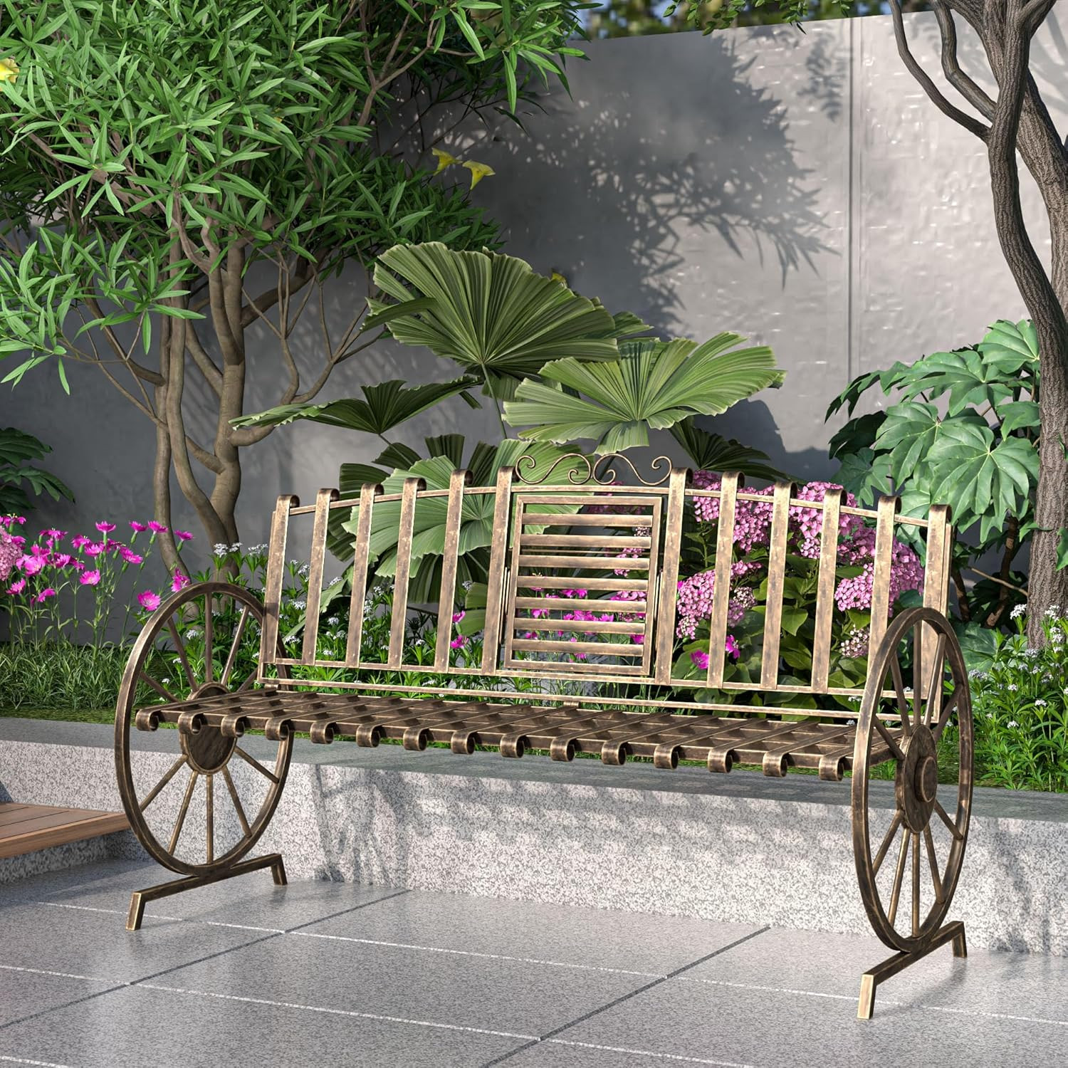 Outdoor Bench Patio Outdoor Garden Bench w/ Built-In Table, Wagon Wheel Arms