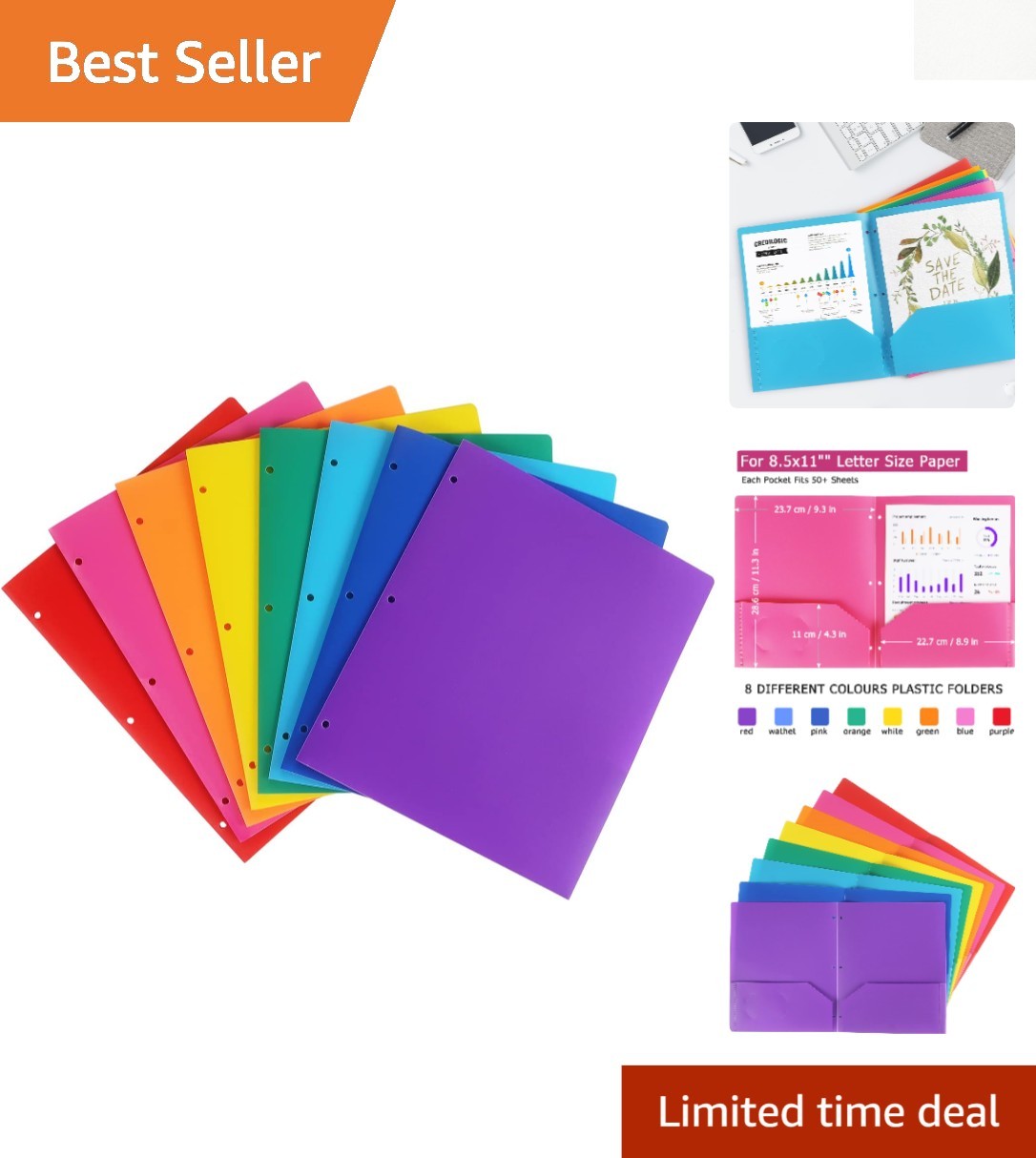 8 Assorted Colors Plastic File Folders with 2 Pockets - Perfect for Organization