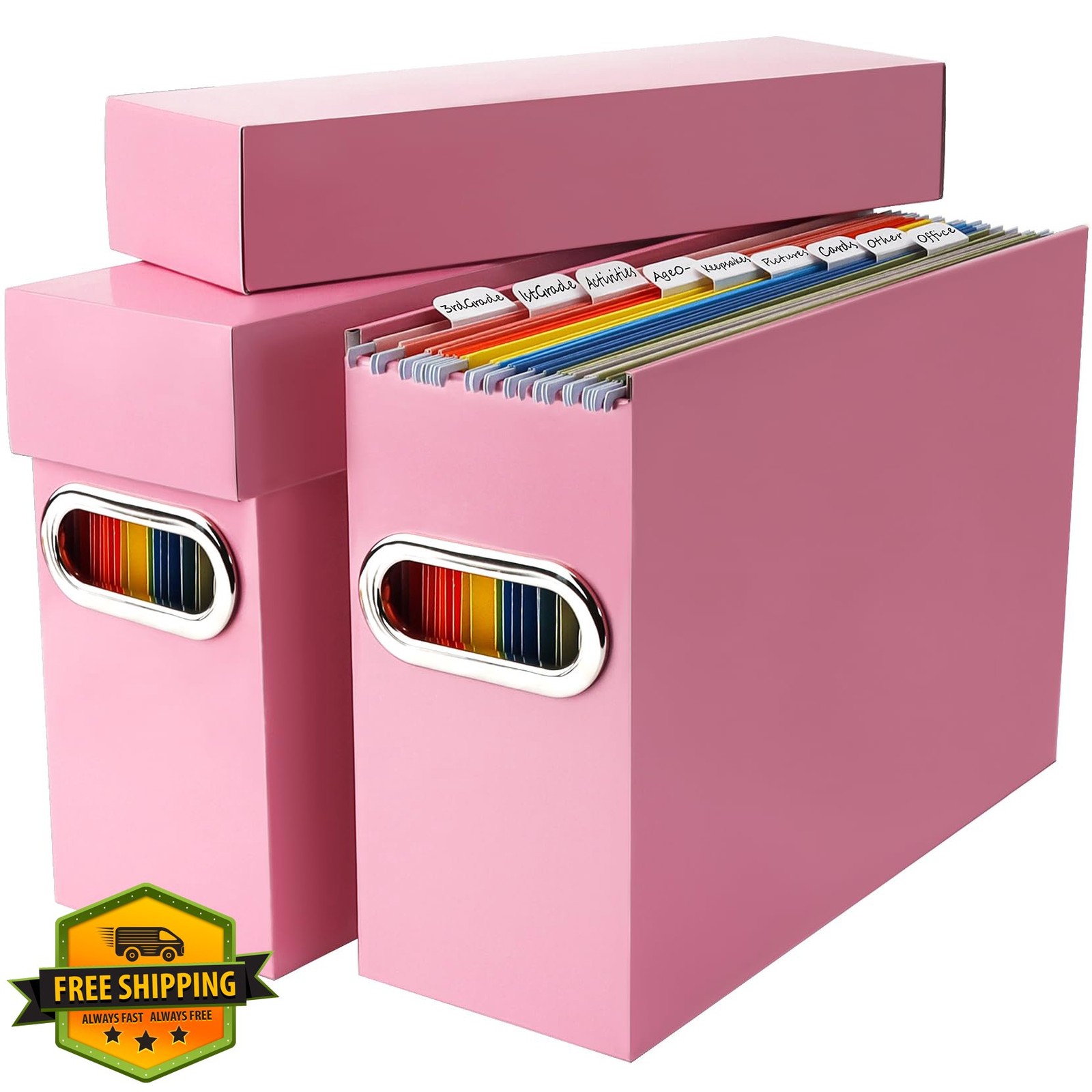 Naleyber File Organizer Box with Lid for Letter Size, Pink (2 Pack)