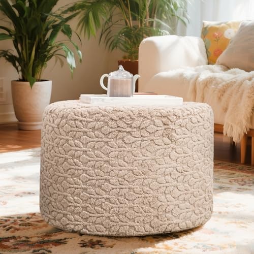 Round Pouf Ottoman Stuffed 20 x 20 x 14 Inches Boho Poof Foot Light Coffee