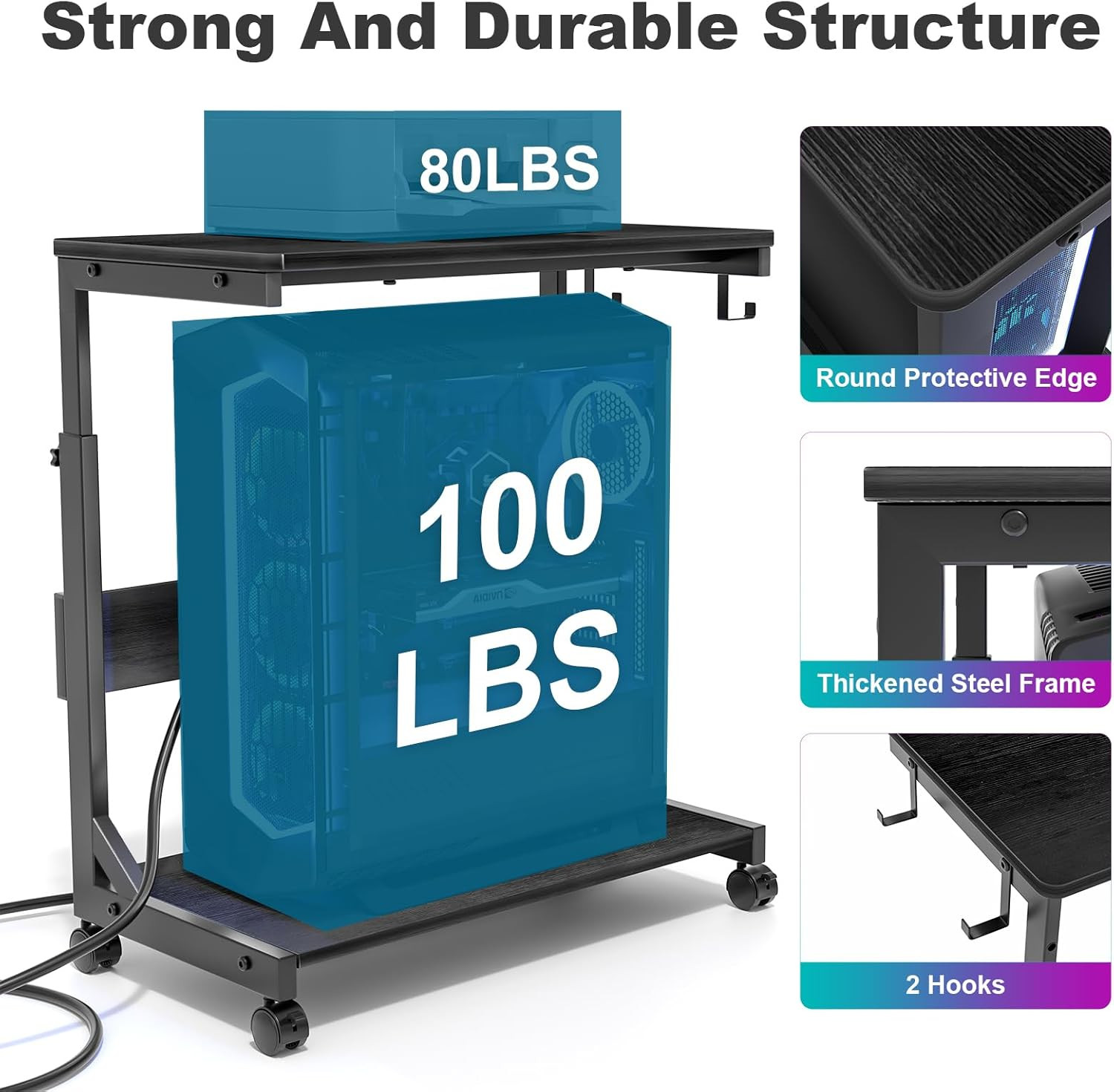 Height Adjustable PC Tower Stand with USB Charging & Locking Wheels