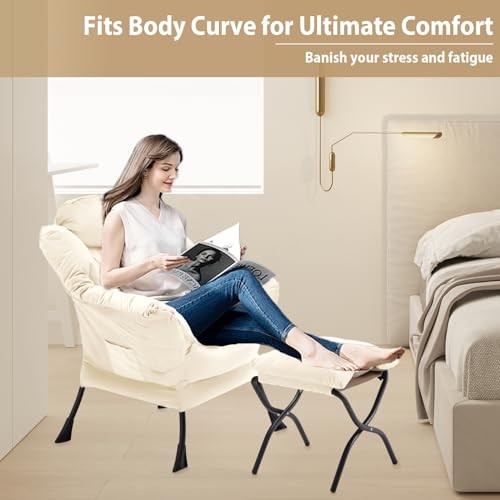 Lazy Chair with Folding Ottoman, Accent Chair Velvet Upholstered with Beige-f