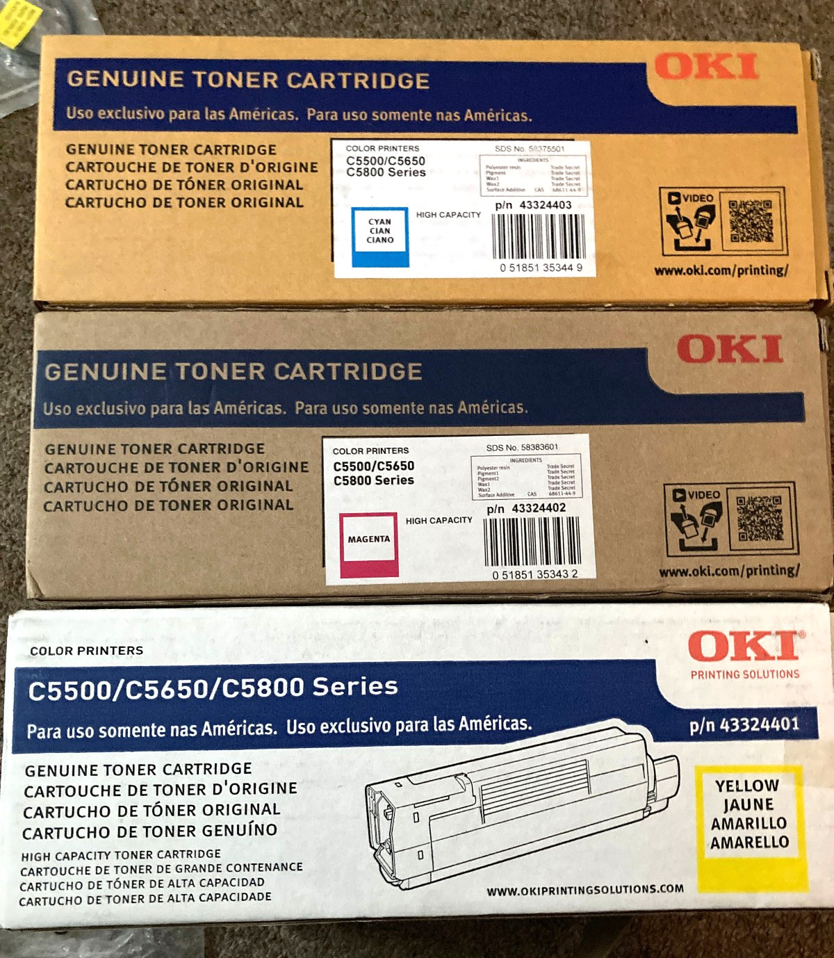 OKI C5500/C5650/C5800 Series Colored Toner Cartridges Yellow-Cyan-Mag. - 1ea