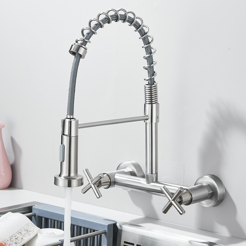 Commercial 8 Inch 2 Handle Wall Mount Kitchen Sink Faucet with Pull Down Sprayer