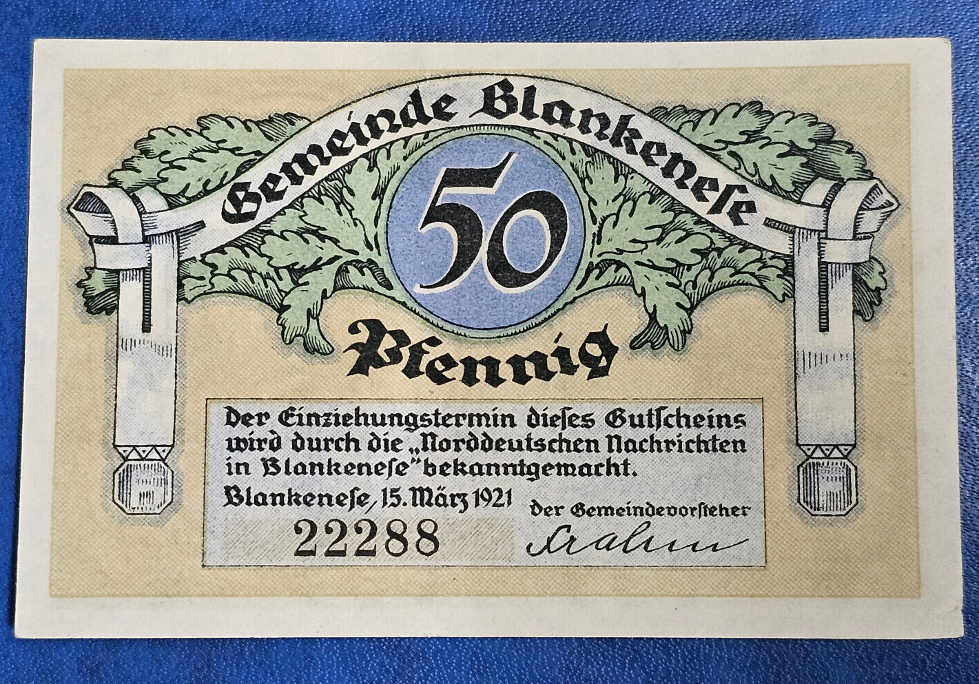 BLANKENESE NOTGELD 50 PFENNIG 1921 EMERGENCY MONEY GERMANY BANKNOTE [🇩🇪35107]