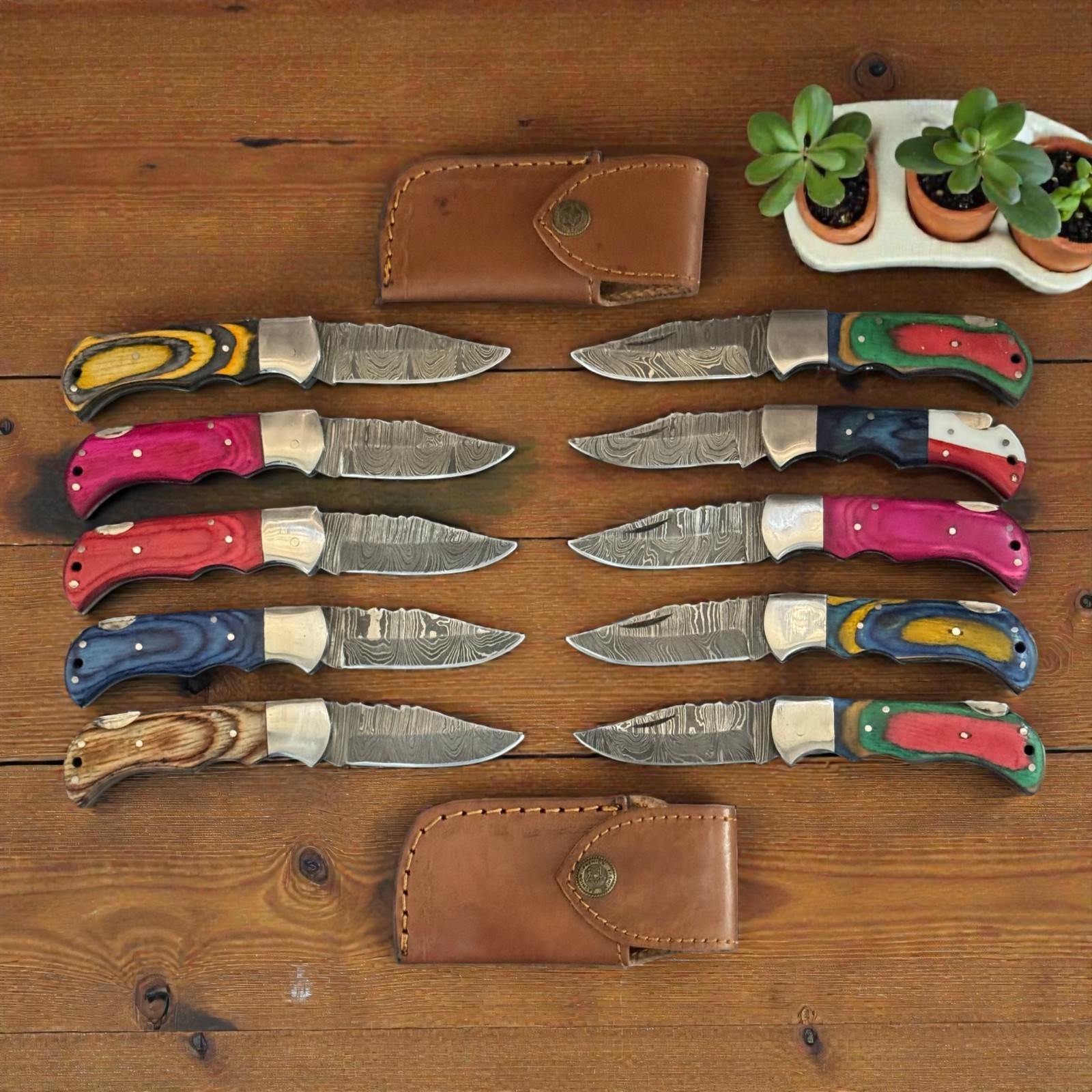 Folding Knives | Lot of 10 | Damascus Steel Blade | Leather Sheath | D278