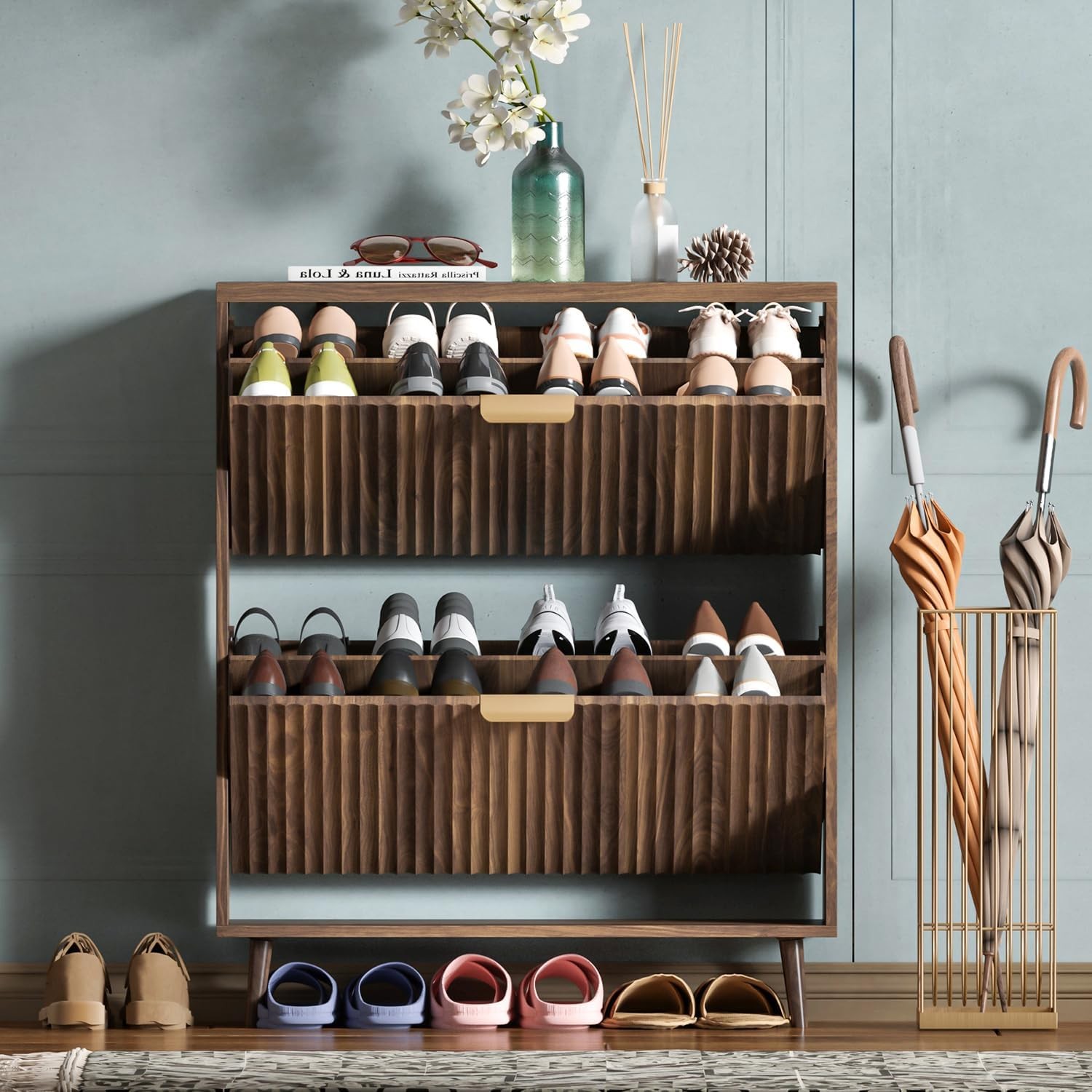 Shoe Cabinet Storage,Modern Freestanding Organizer W/ 2 Flip Drawers,Narrow Shoe