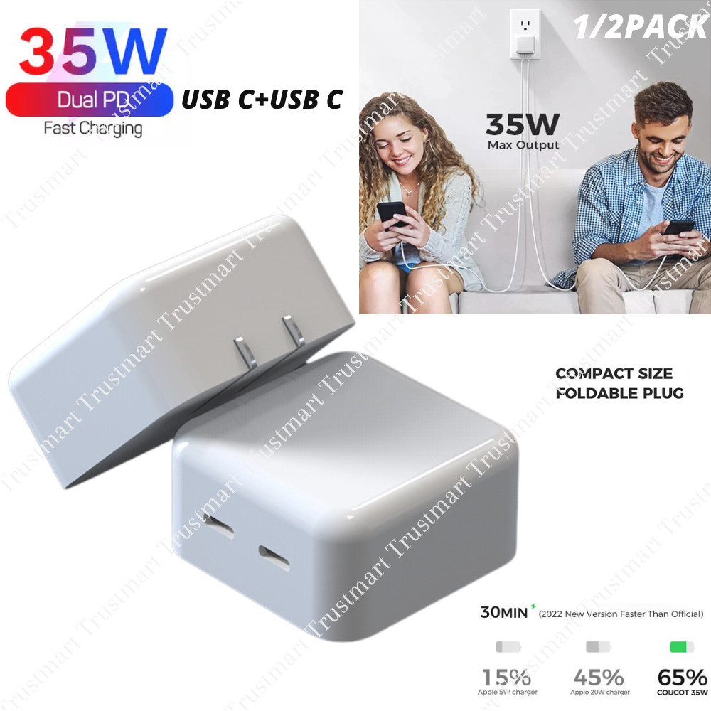 35W Dual USB-C Fast Power Adapter Compact Cube For iPhone 14/13/12/11 Pro/X/iPad