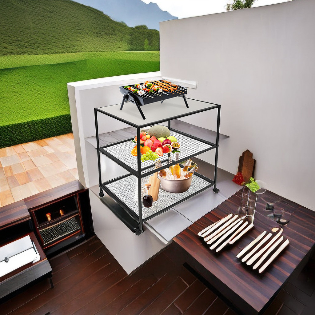 Movable Dining Cart Outdoor BBQ Food Prep Table Kitchen Serving Table 3-Tier NEW