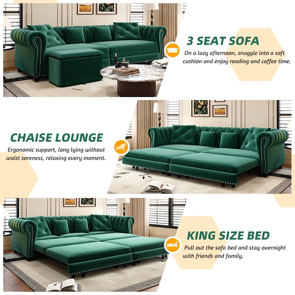 Chesterfield Sofa, 89 " W 3-in-1 Pull-Out Sofa Bed, Convertible Sleeper Sofa Bed