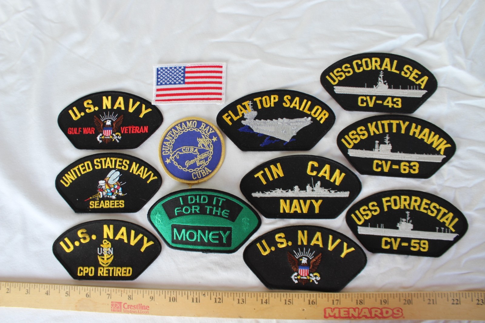 NEW 12 LOT Military NAVY Patches Cap Veteran Tin Can Forrestal Seabees Flat Top