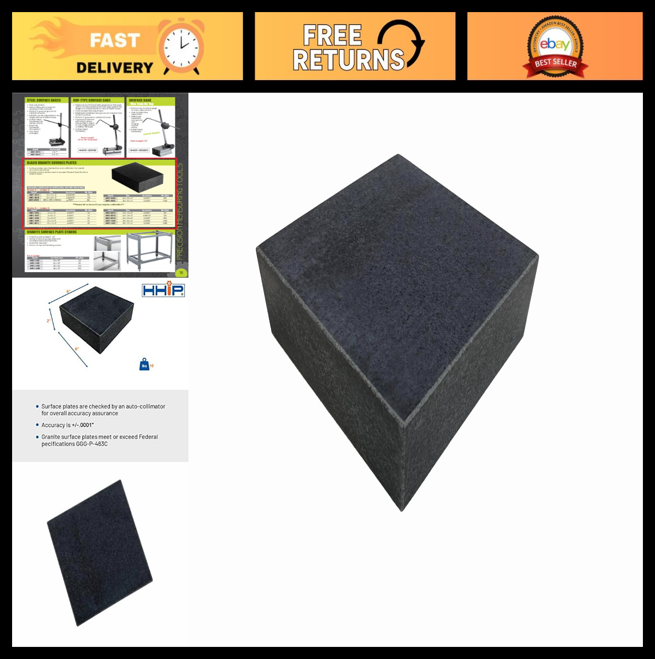 6" x 6" x 2" Granite Surface Plate, Grade B, Precision Tool, Flat Measuring Surf