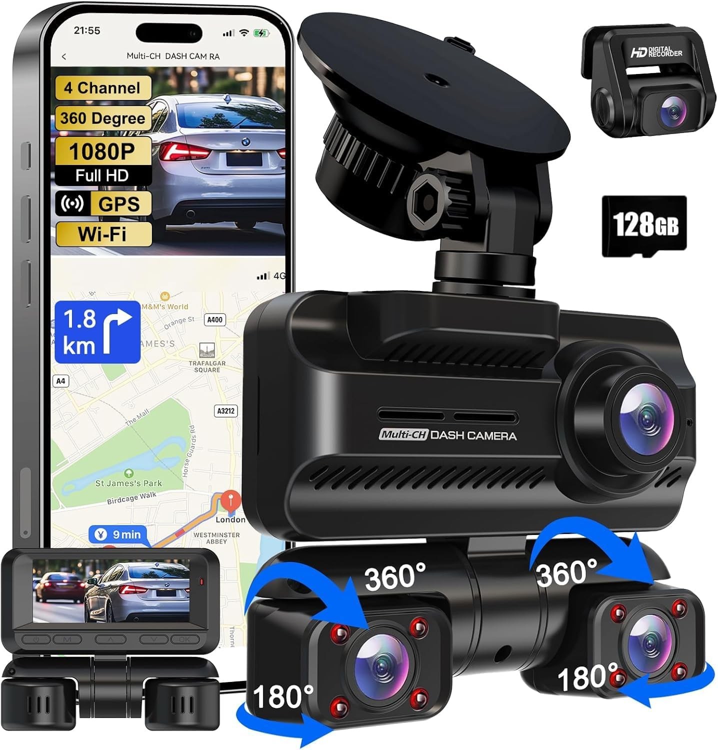 Dash Cam 4K Full HD 4 Channels 360° Front/Rear/Inside Video Recorder Wifi f Cars