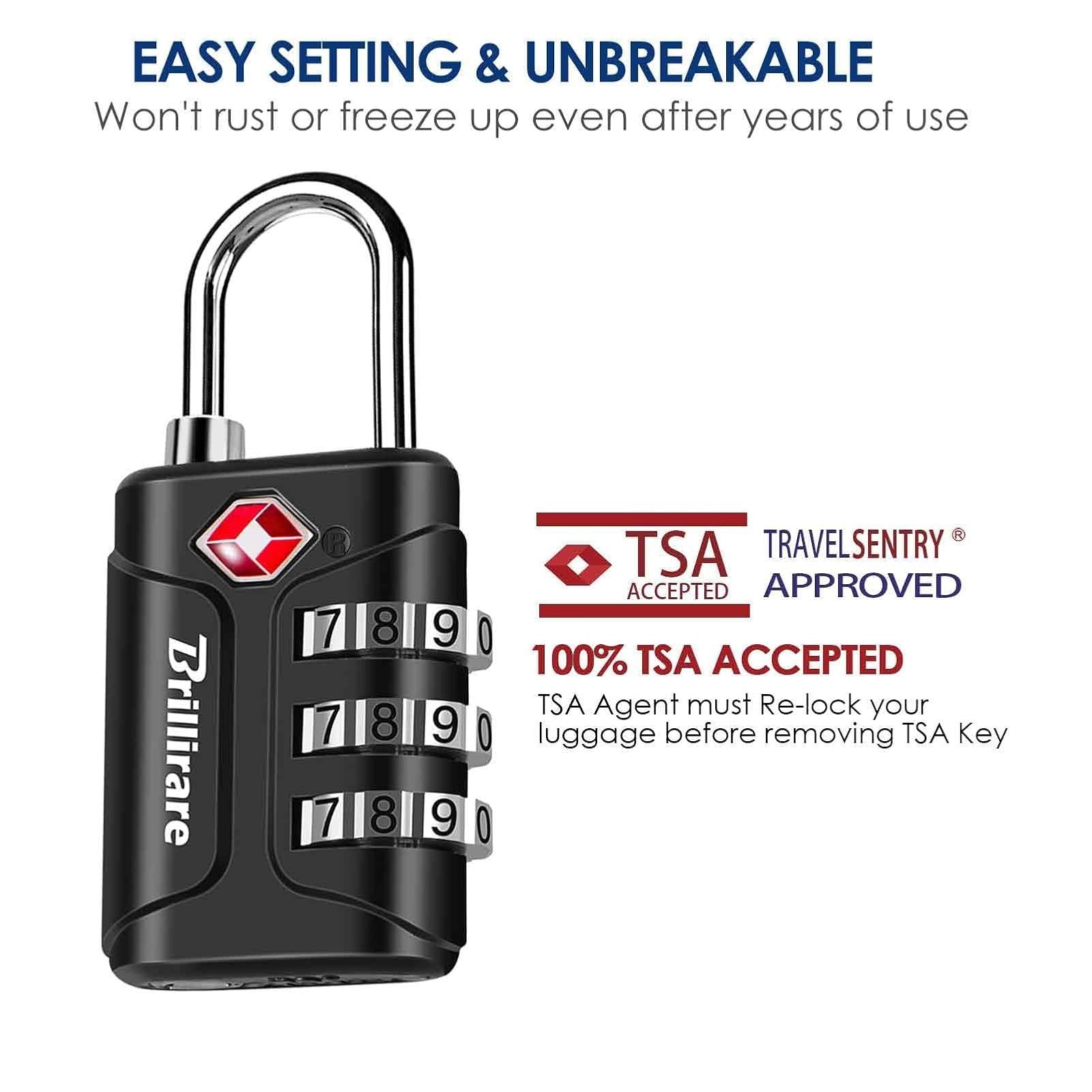 BRILLIRARE TSA Approved 4 Pack Combination Travel Padlocks - Black