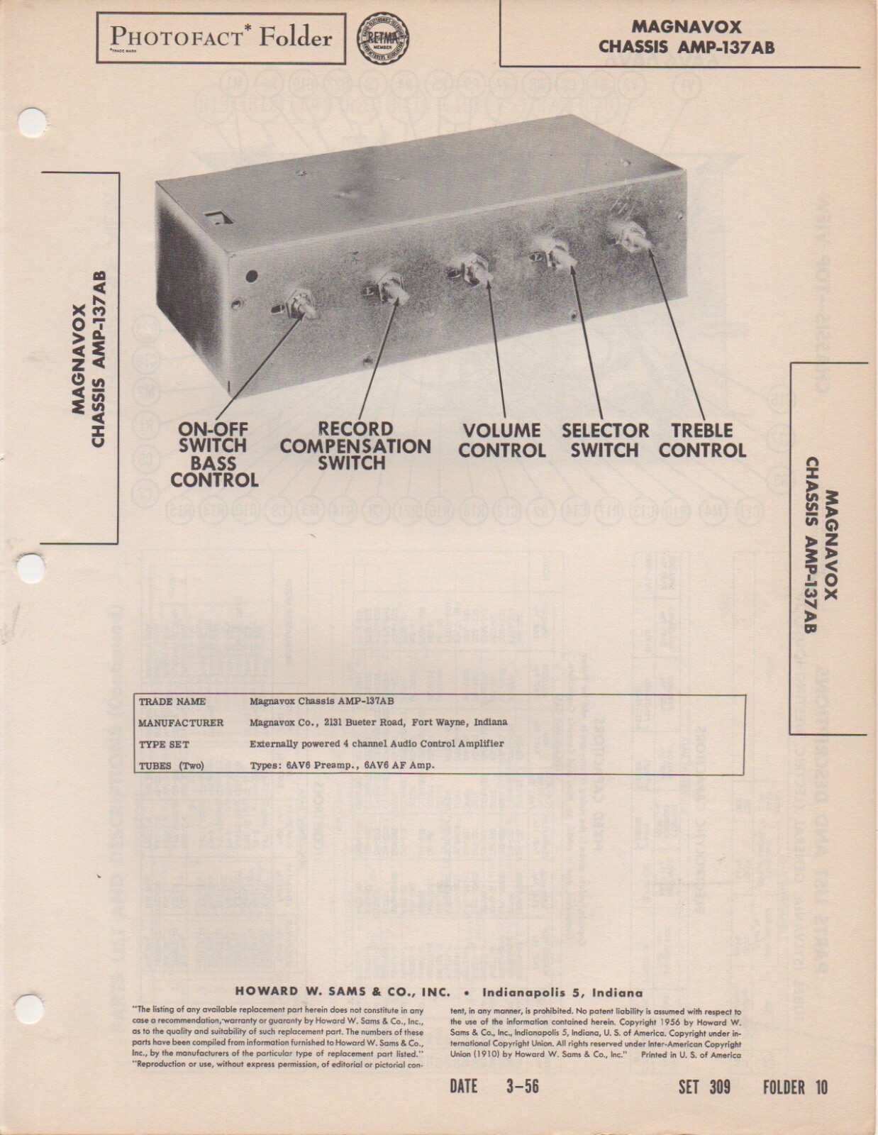 1956 MAGNAVOX AMP-137AB AMPLIFIER SERVICE MANUAL PHOTOFACT SCHEMATIC