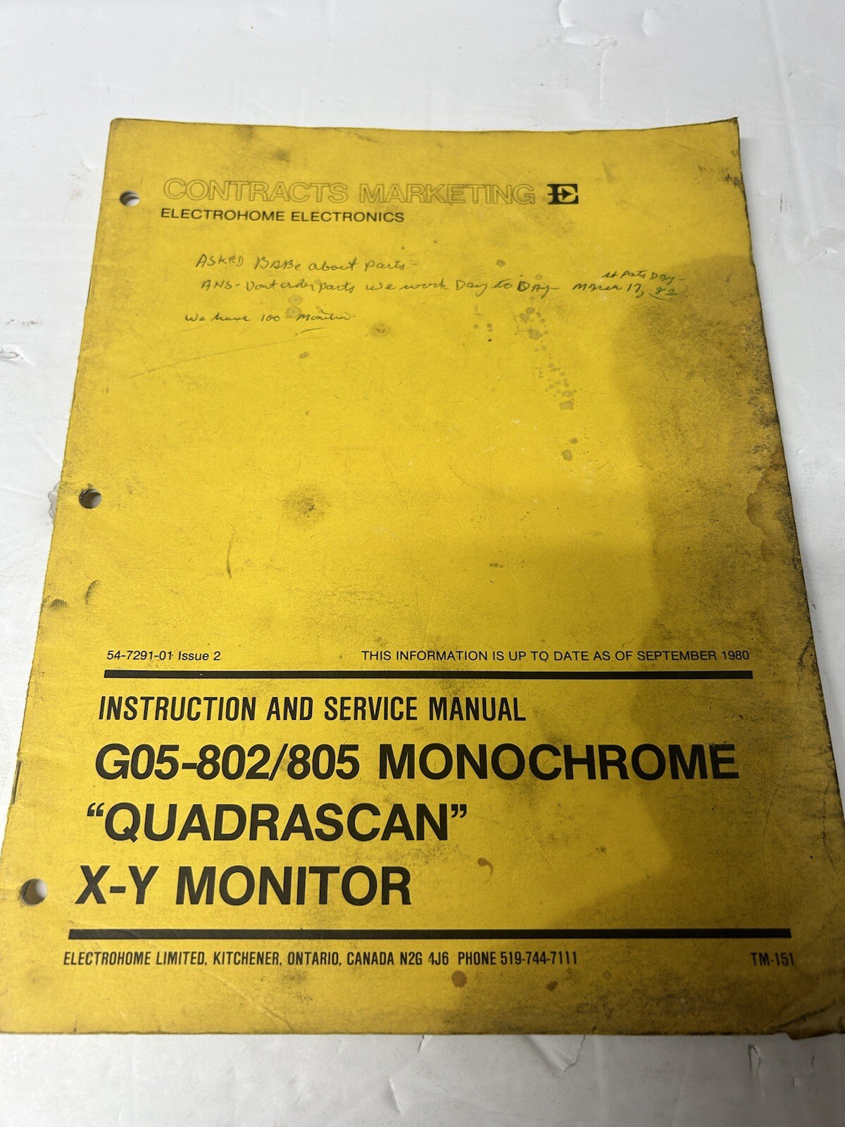 Contracts Marketing G05-802 Monochrome X-Y Monitor Instructions and Service