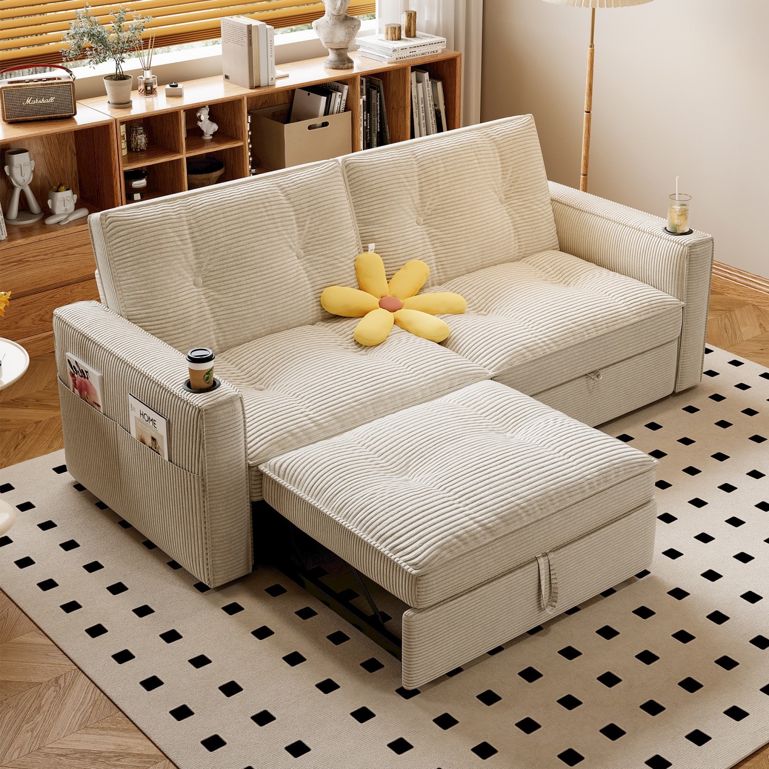Modern Reclining Loveseat 2-in-1 Folding Sofa Bed w/ Cup Holders for Small Space