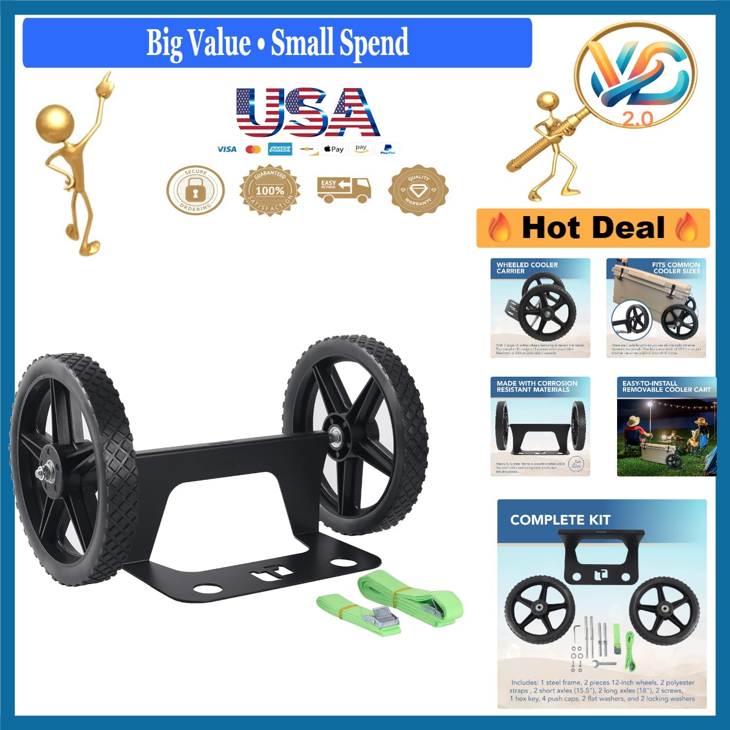 Heavy-Duty Steel Cooler Cart Kit Fits 15.5-18 Inch Coolers with 12-Inch Wheels