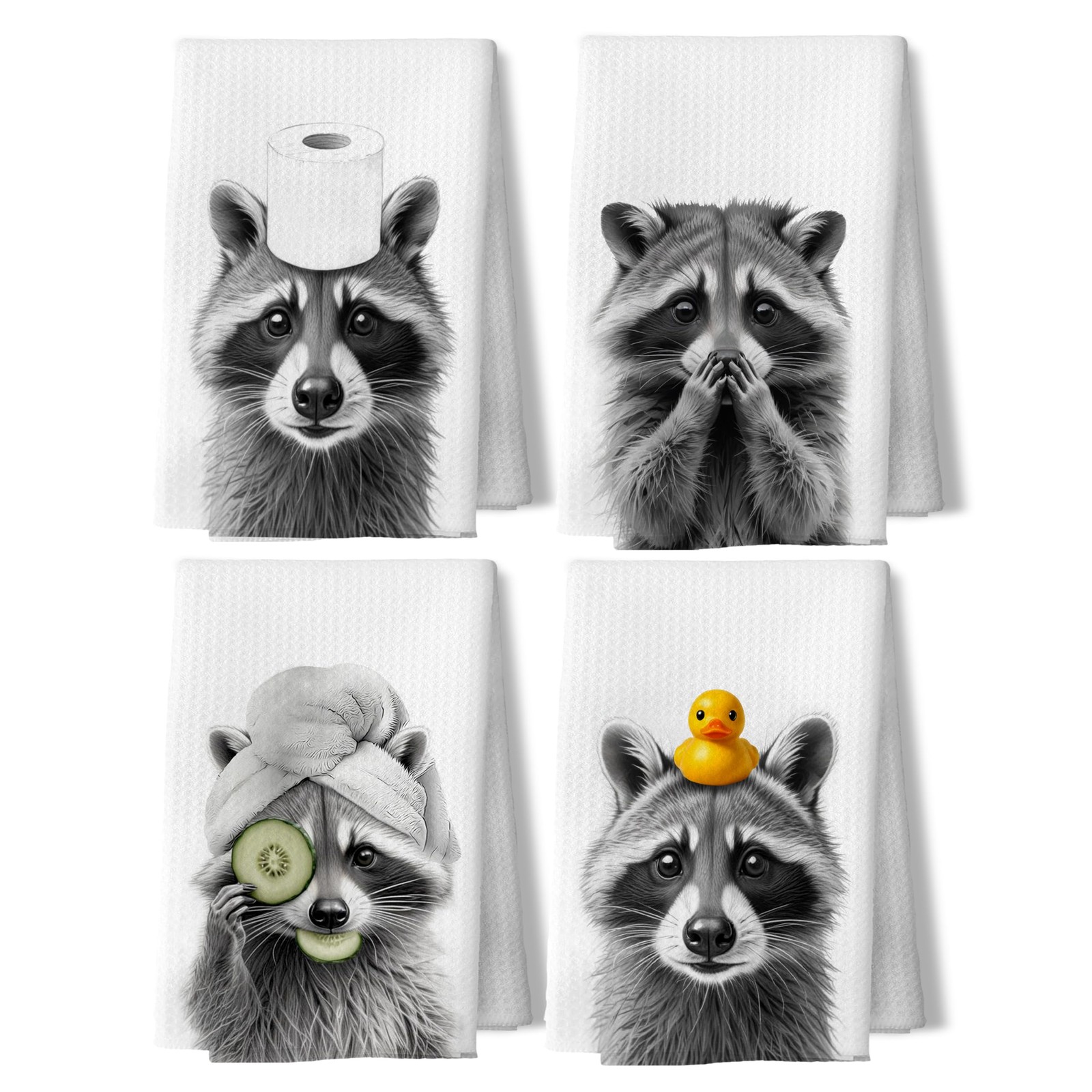 4 PCS Funny Cute Raccoon Bathroom Decor, Raccoon Lover Gifts Hand Towels Set