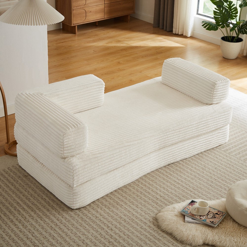 Beige Corduroy Loveseat Sofa, Plush Cloud Couch Design w/ No Assembly, Free Ship