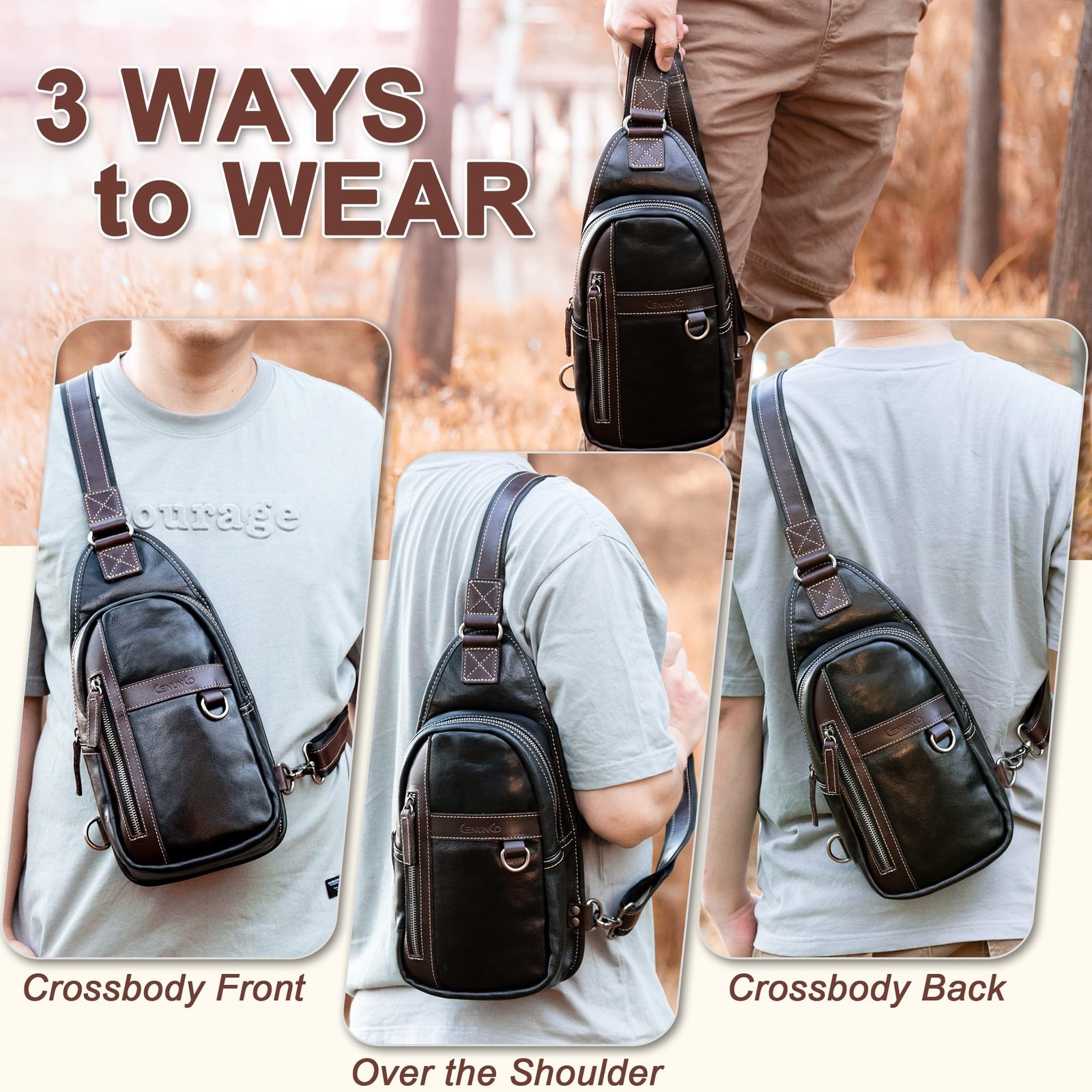 Geniune Leather Sling Bag for Men Women Crossbody Shoulder Bag Sling Backpack...