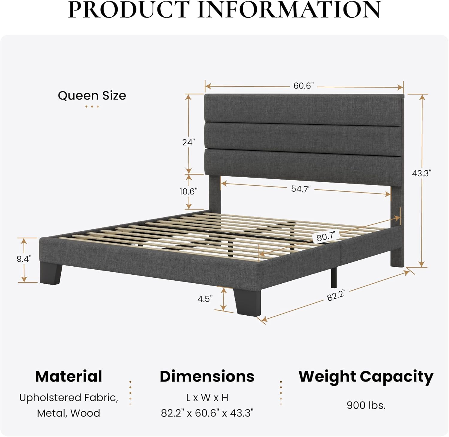 Elegant Grey Queen Platform Bed Frame with Upholstered Headboard & Slats