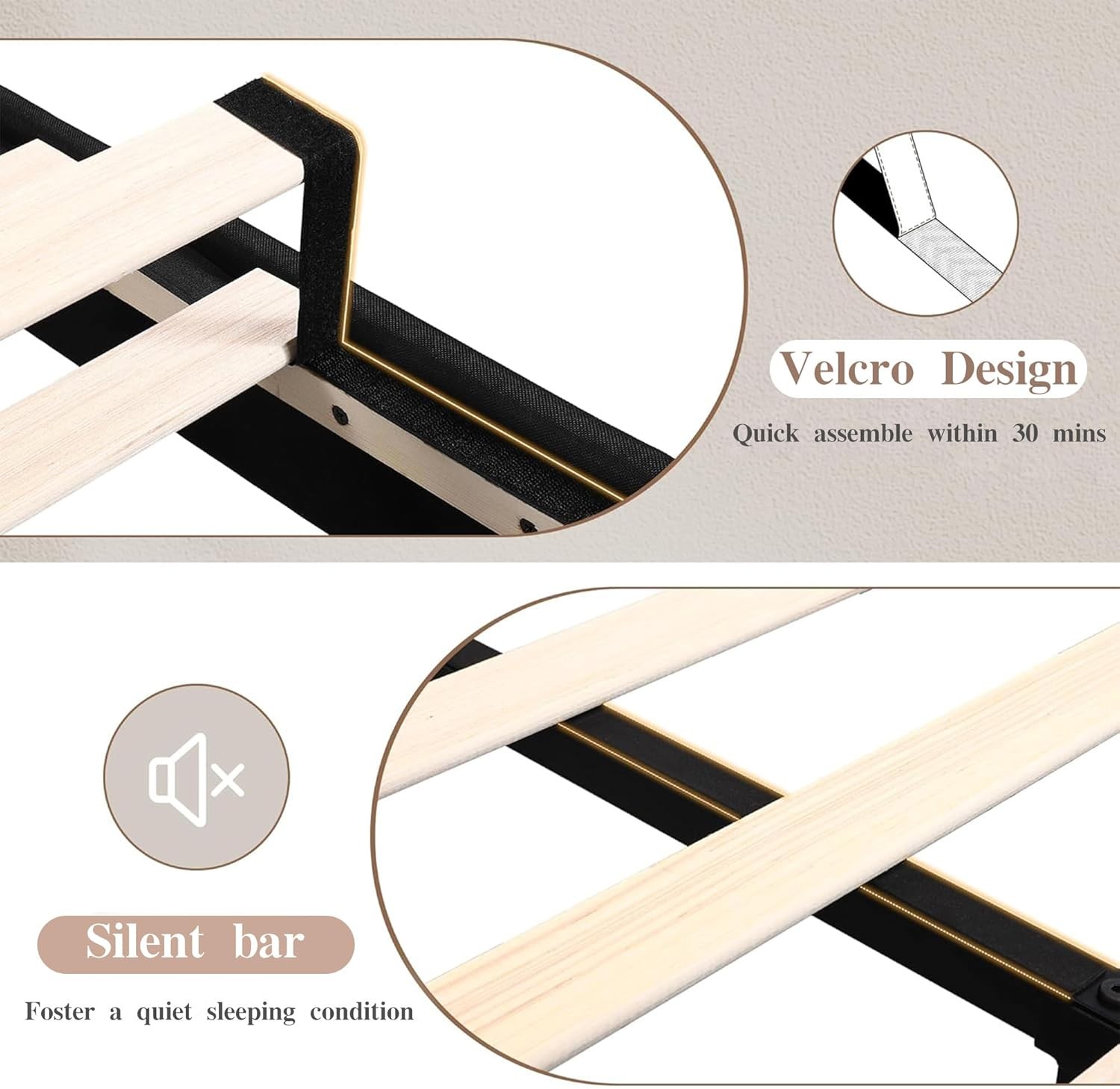 Full Bed Frame with Type-C & USB Ports, Upholstered Platform Height-Adjustble