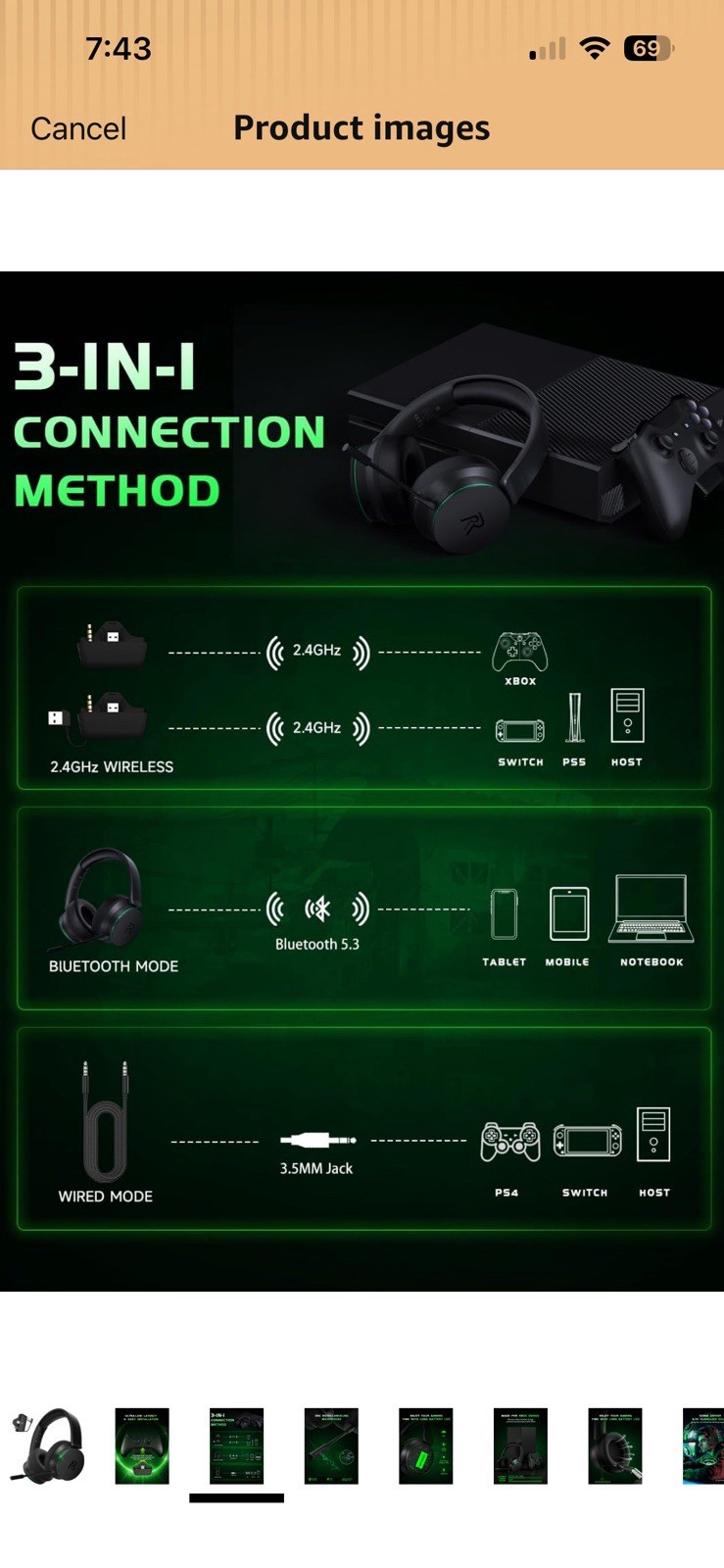 RYR Captain 200 Wireless Gaming Headset, Bluetooth/USB/3.5mm, Black