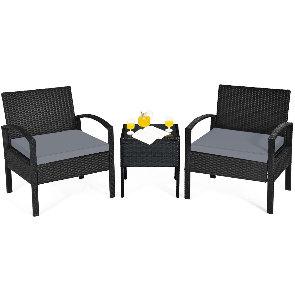 Topbuy 3 Pieces Patio Set Outdoor Wicker Rattan Furniture W/ Cushions