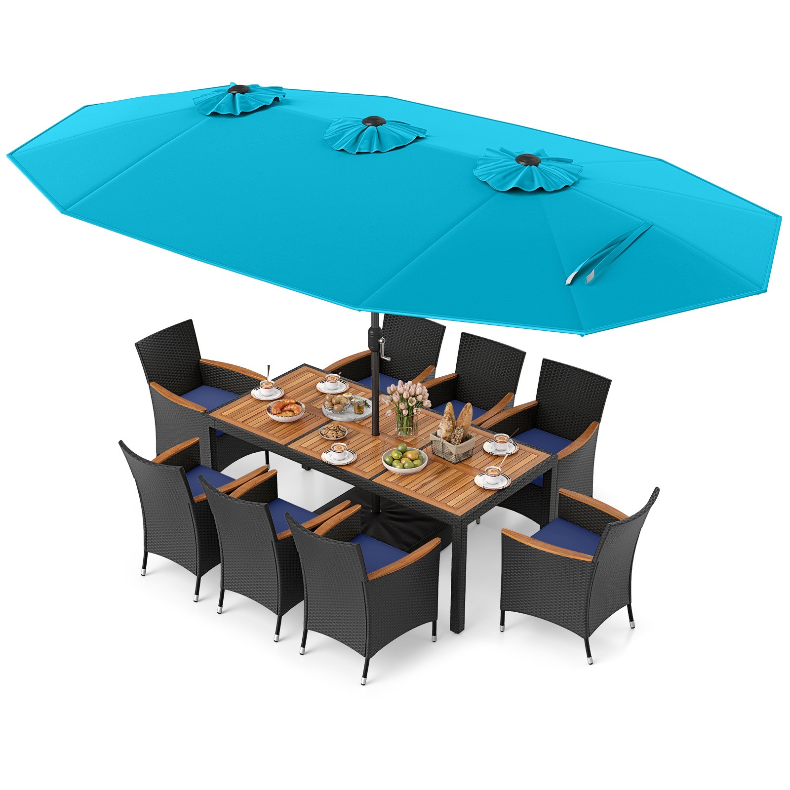 11 PCS Patio Wicker Dining Set w/Double-Sided Outdoor Umbrella 8 Stackable