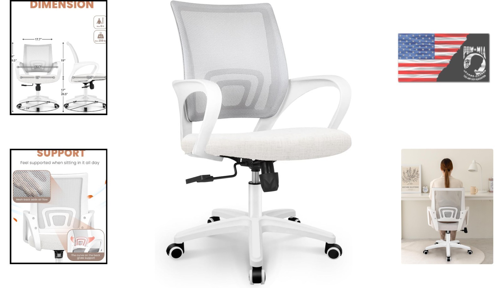 Ergonomic Mesh Office Chair with Lumbar Support & Height Adjustability - Ivory