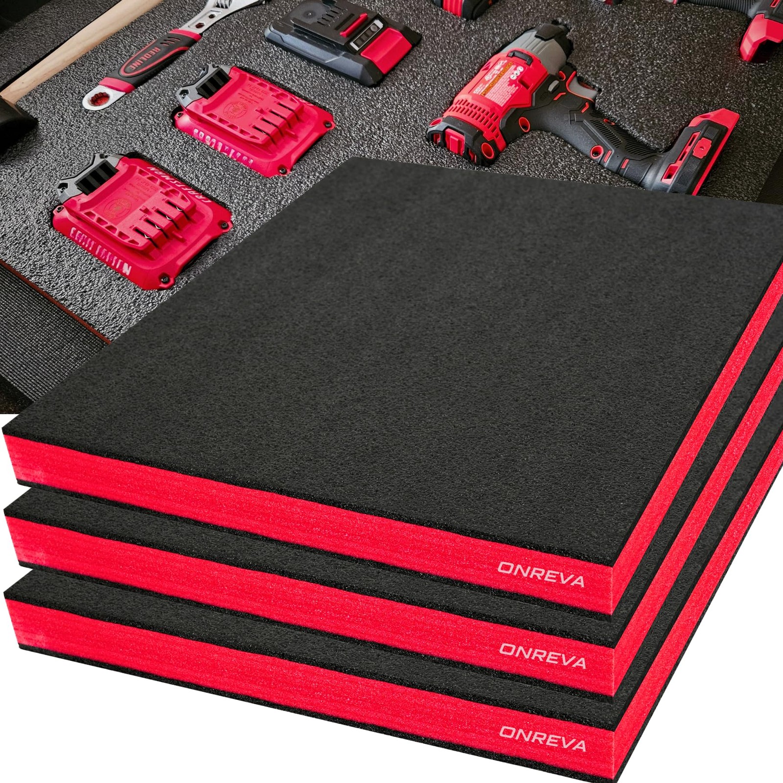 ONREVA Tool Box Foam, 3Pack 24x24x2 inch, Foam Inserts for Cases, Red
