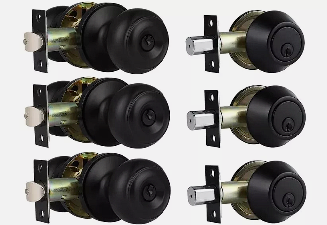 3 Pack Keyed Entry Door Knobs & Single Cylinder Deadbolt Lock Combo Set