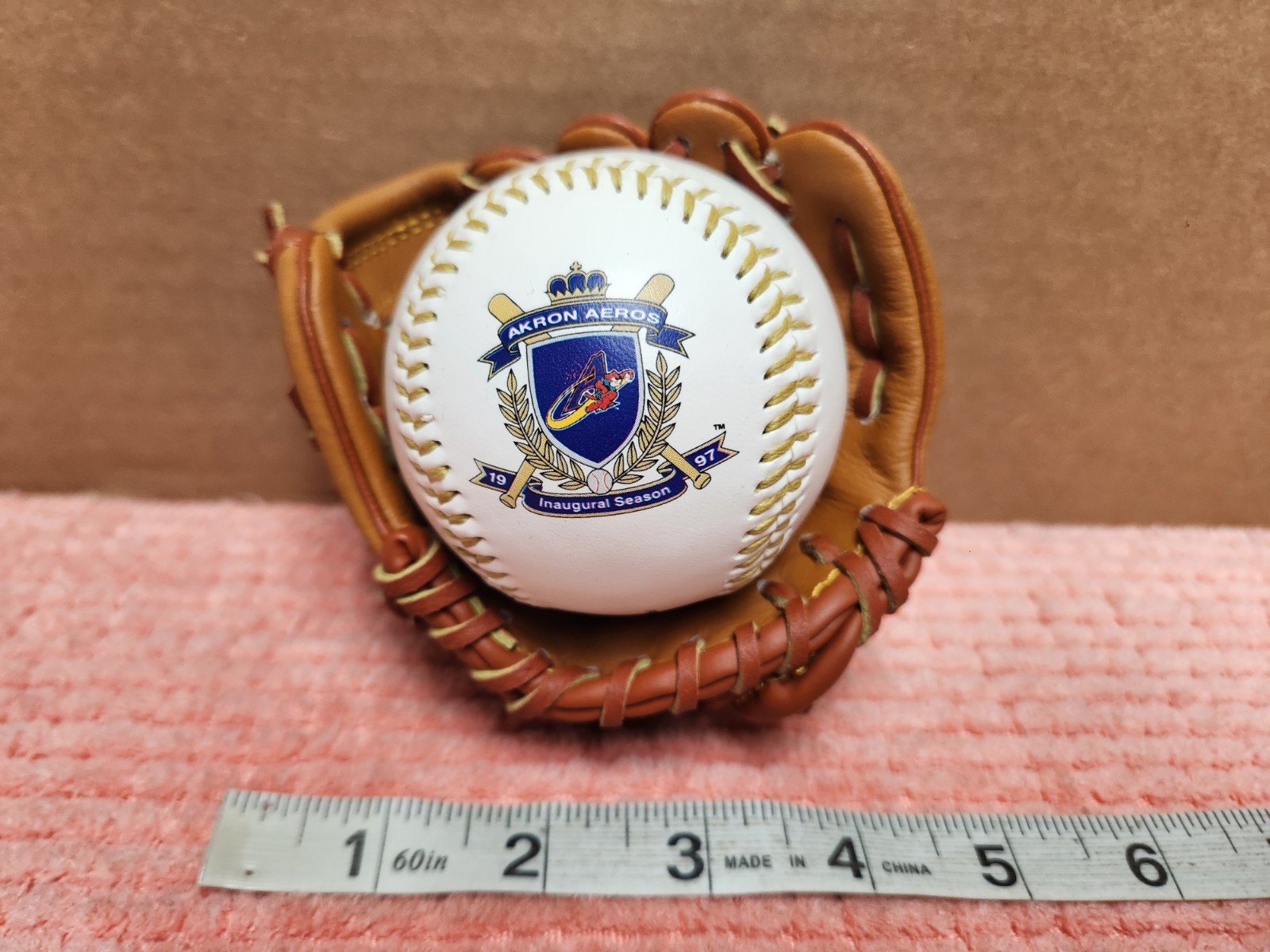 VTG 1997 Akron Aeros Souvenir Baseball & Mini Glove Inaugural Season Akron Aeros