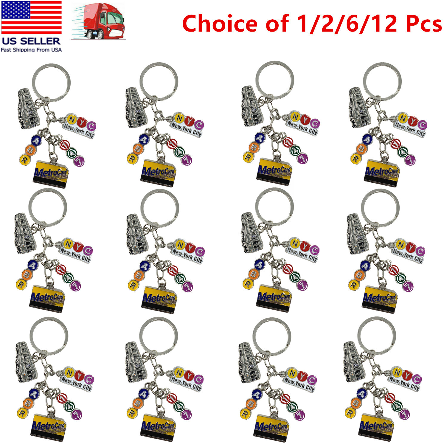 1/2/6/12Pcs Metal New York City Subway Key Chain 5 Charms, NYC Keychain Souvenir