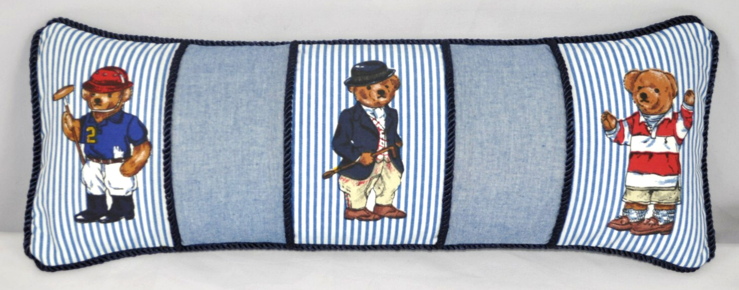 Corded Pillow made w Ralph Lauren Polo Teddy Bear Blue Pin Stripe Fabric 17x6