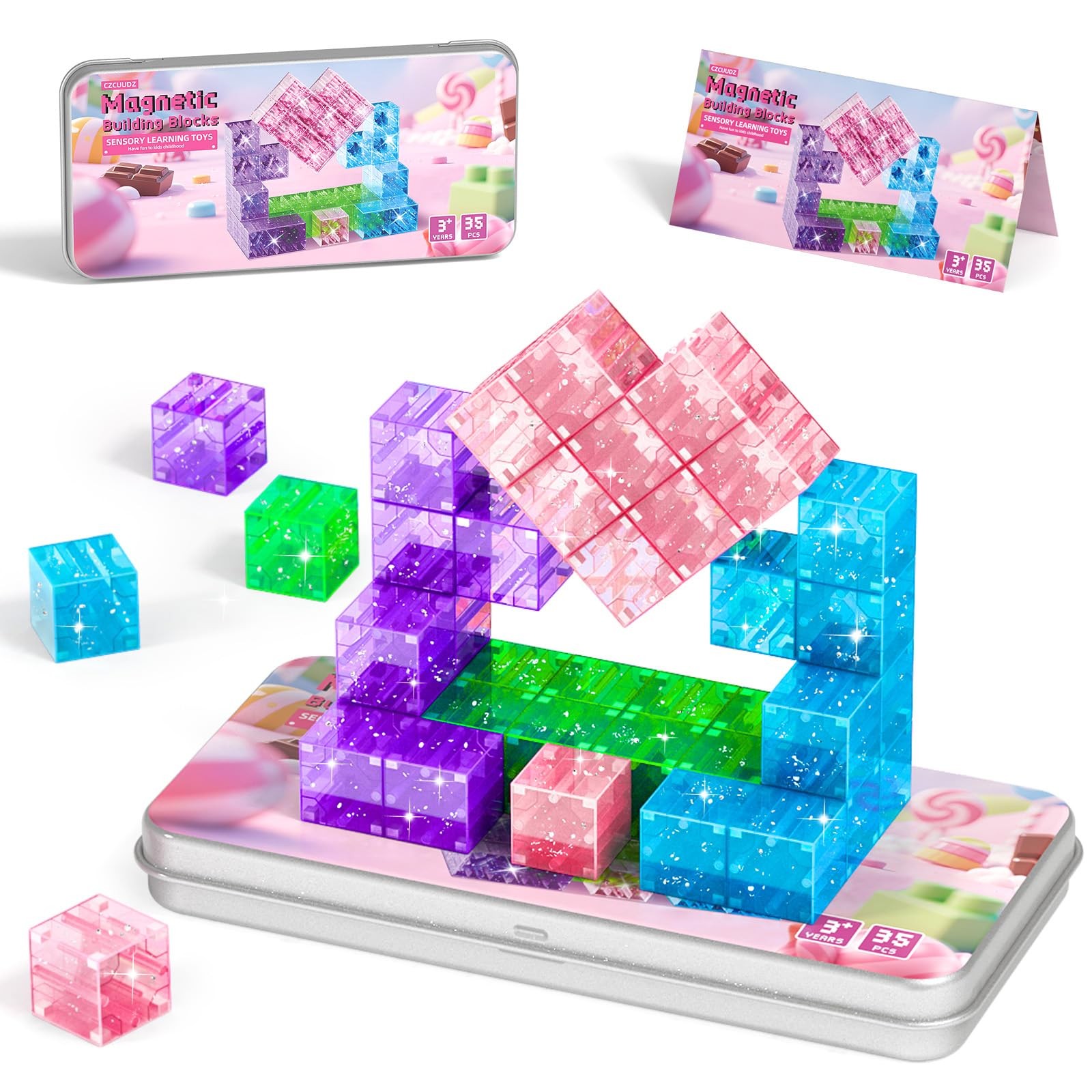 CZCUUDZ Magnetic Blocks Travel, 35PCS Mini Magnetic Blocks for Toddlers, STEM Bu
