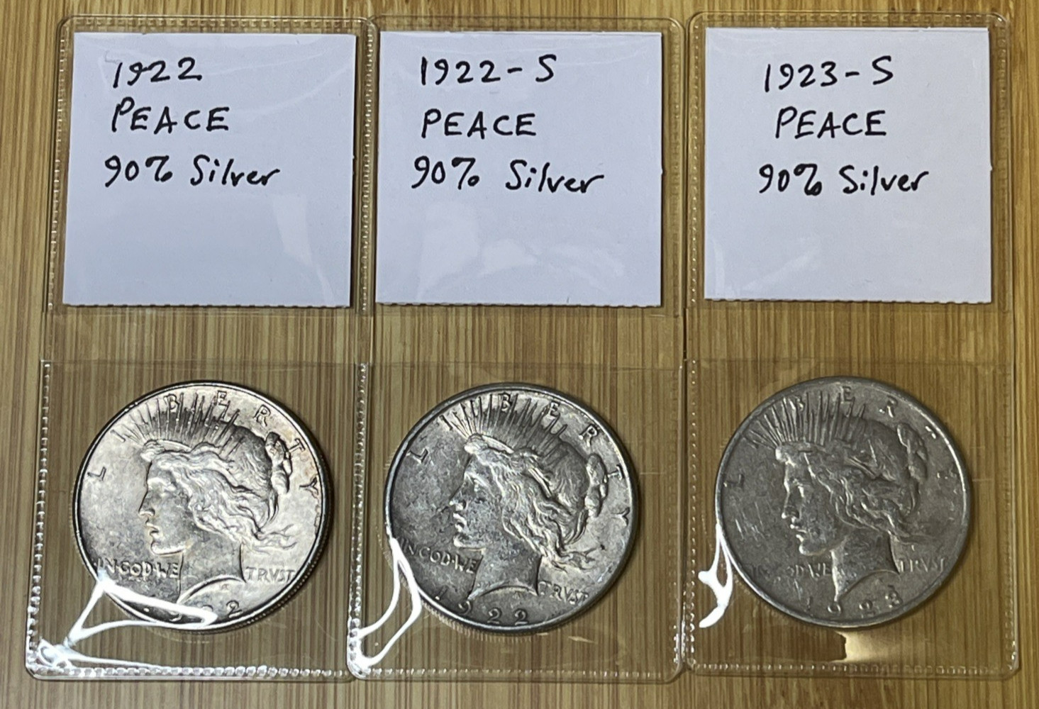 Lot of 3 Peace Silver Dollars - 90% silver - 1922, 1922-S, 1923-S (VF to AU)
