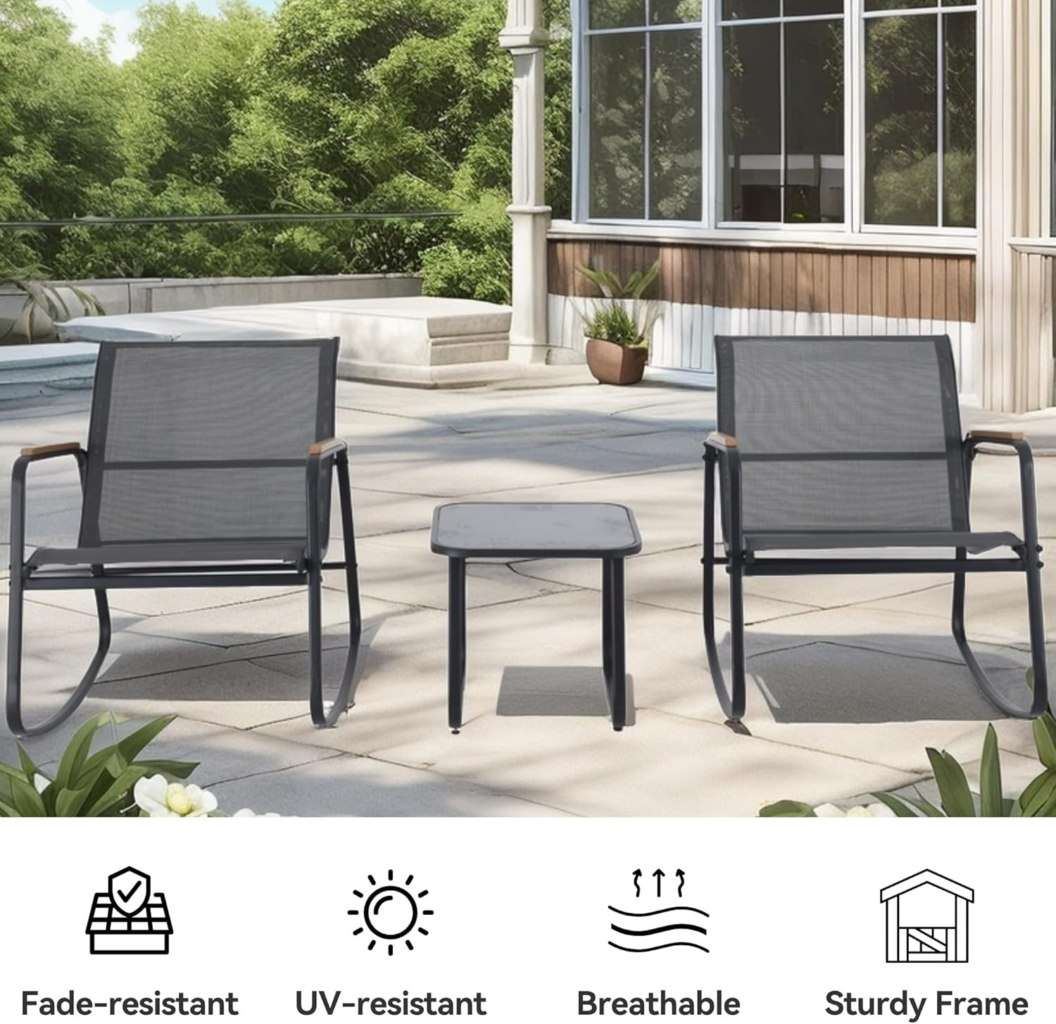 Patio Rocking Bistro Set, 3 Piece Durable Textilene Outdoor Furniture Set, Woode